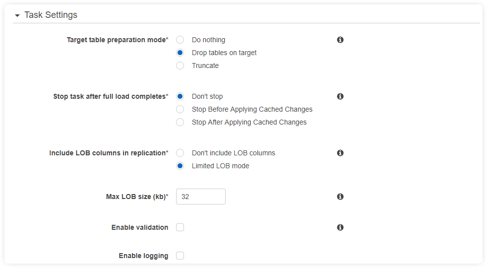 task settings for aurora to redshift