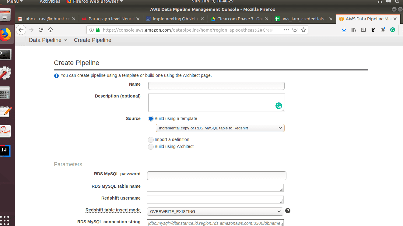 AWS data pipeline: Choose a template