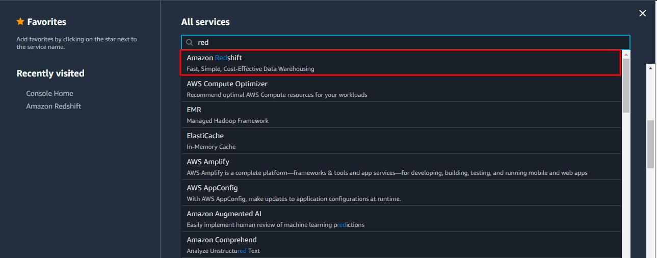 Selecting Amazon Redshift.
