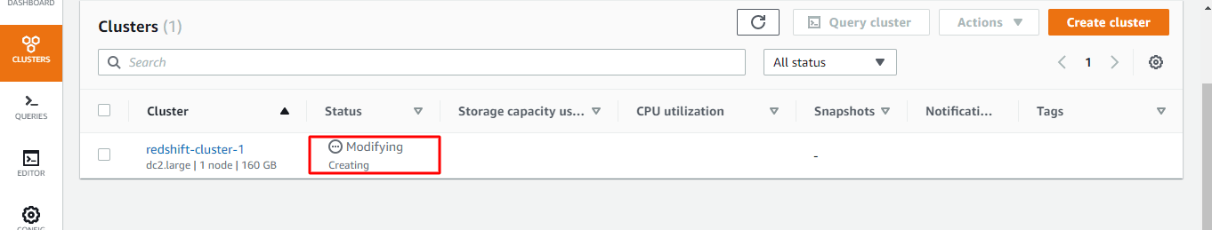 Cluster Status set as Modifying.