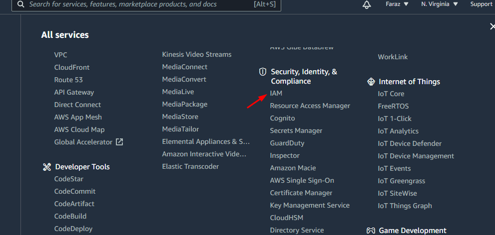 Selecting the IAM option from the main menu.