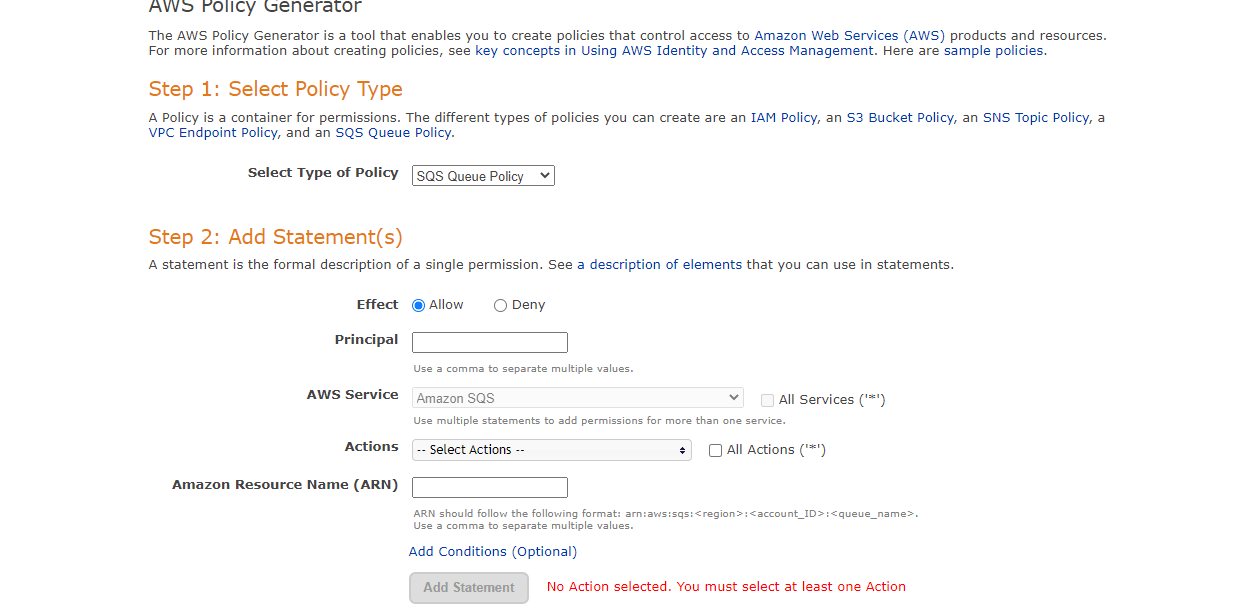 Selecting the Policy type in AWS Policy Generatoe.