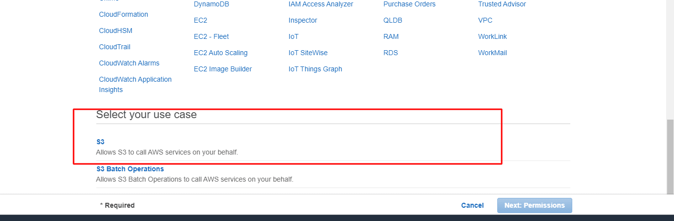 Selecting use case for your IAM role.