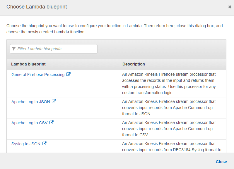 Kinesis Stream to S3- Selecting the Lambda Blueprint.