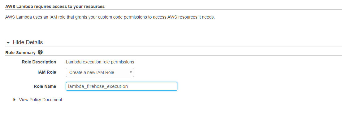 Kinesis Stream to S3- Naming the lambda function and assigning the IAM role.