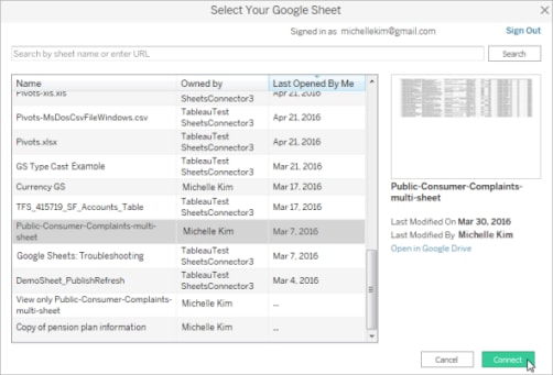 Choosing the Google Sheet.