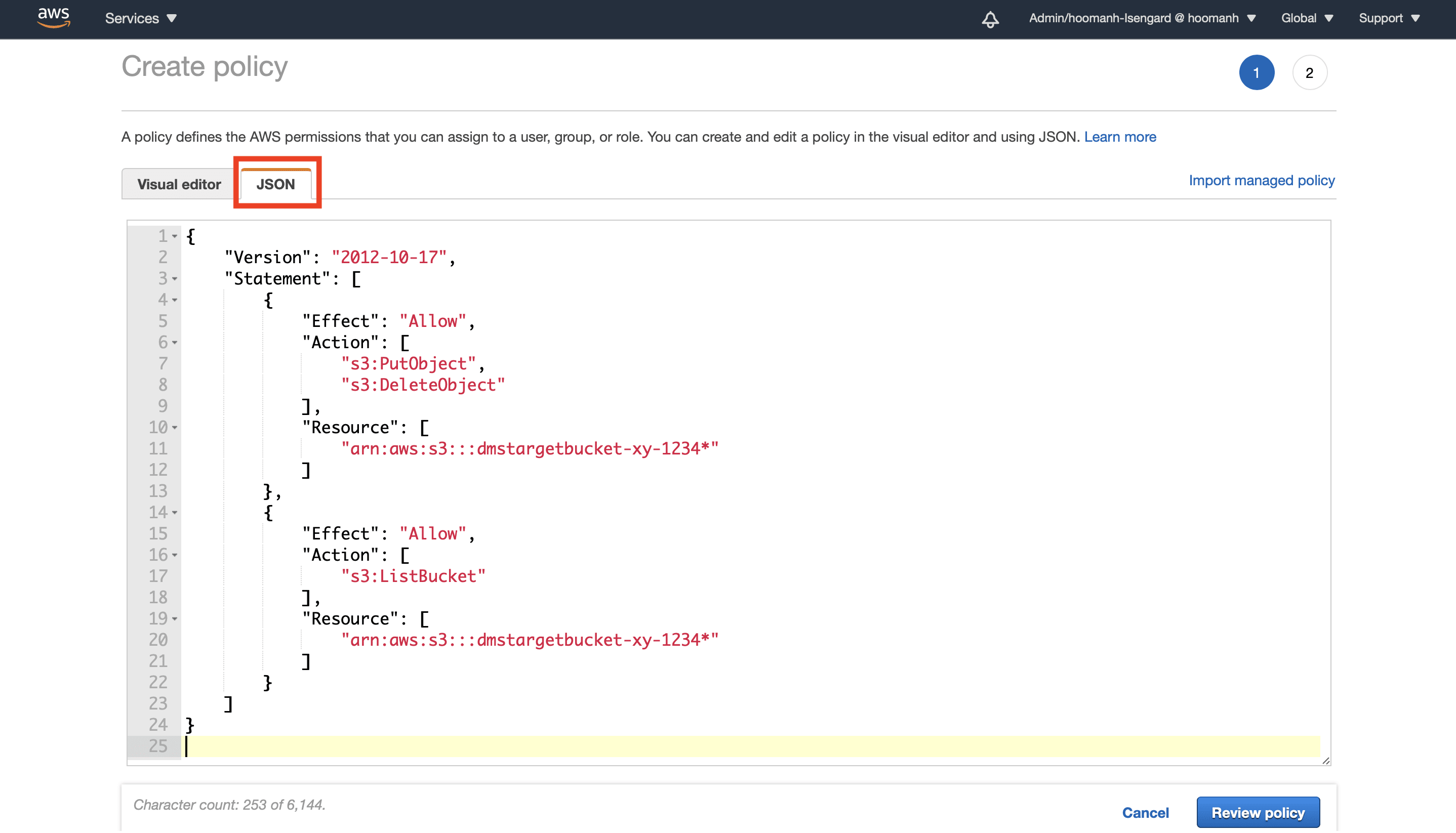 SQL Server to S3: JSON in AWS Policy