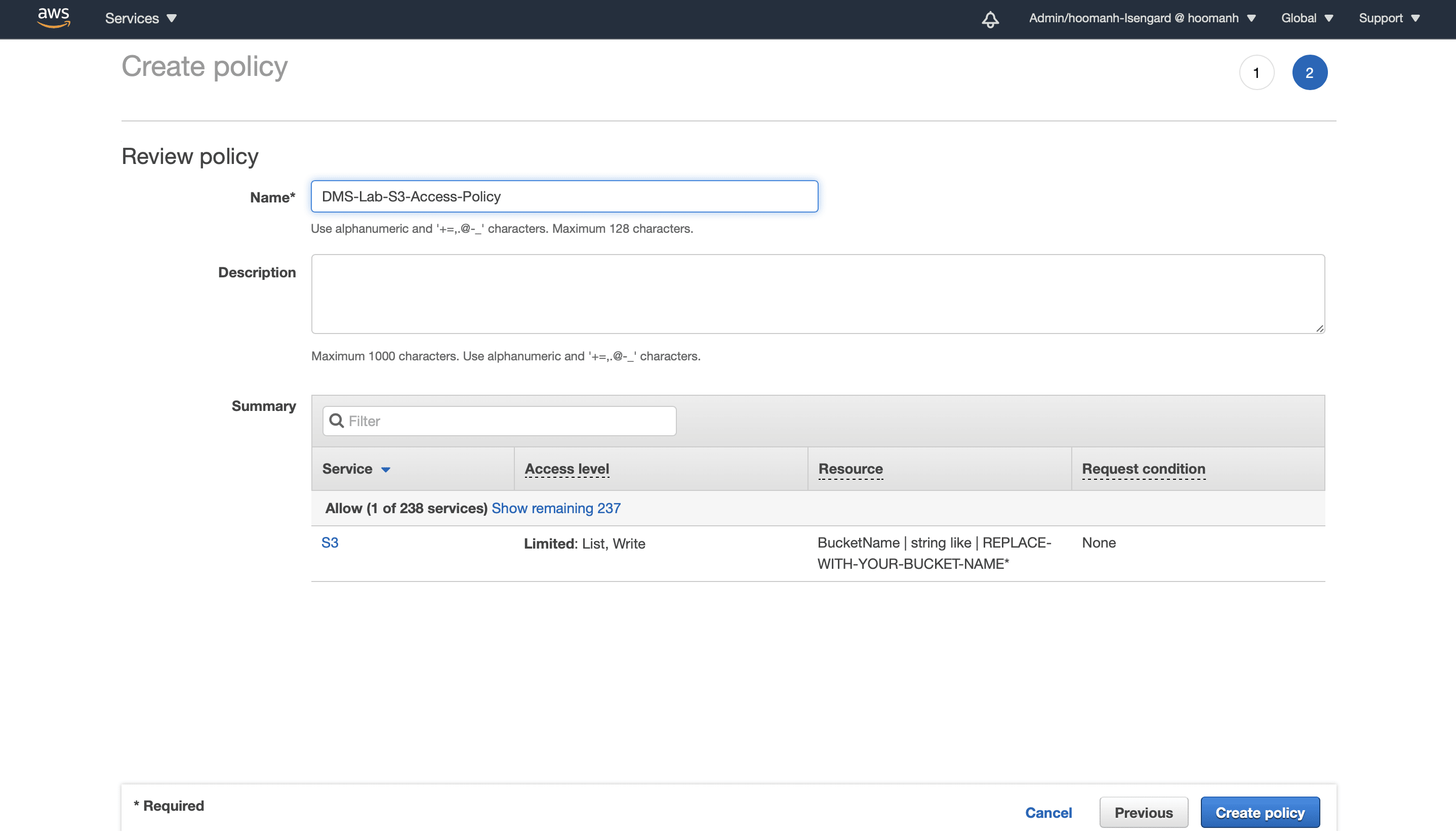 SQL Server to S3: IAM Policy Name