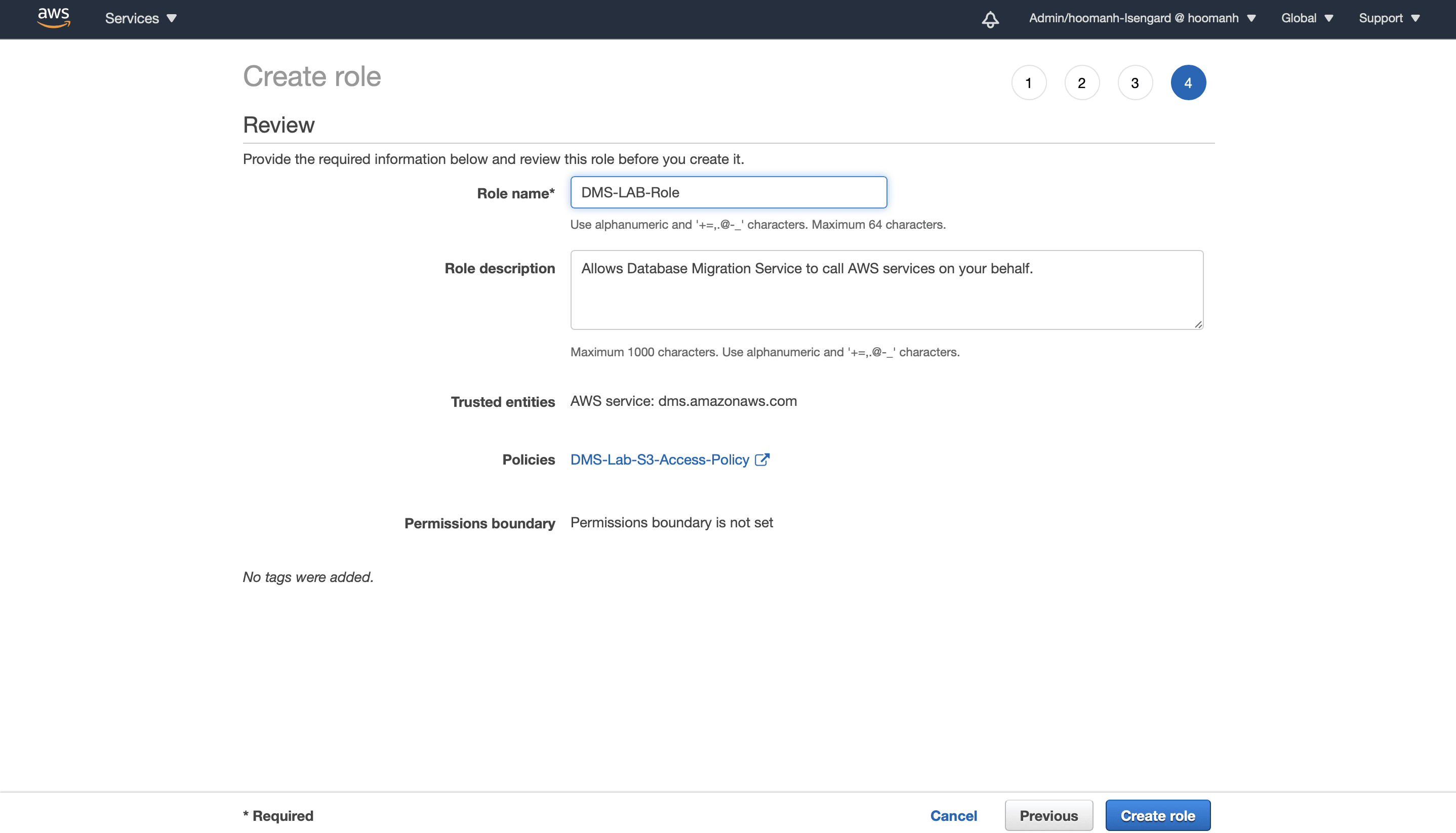 SQL Server to S3: Enter IAM Role name