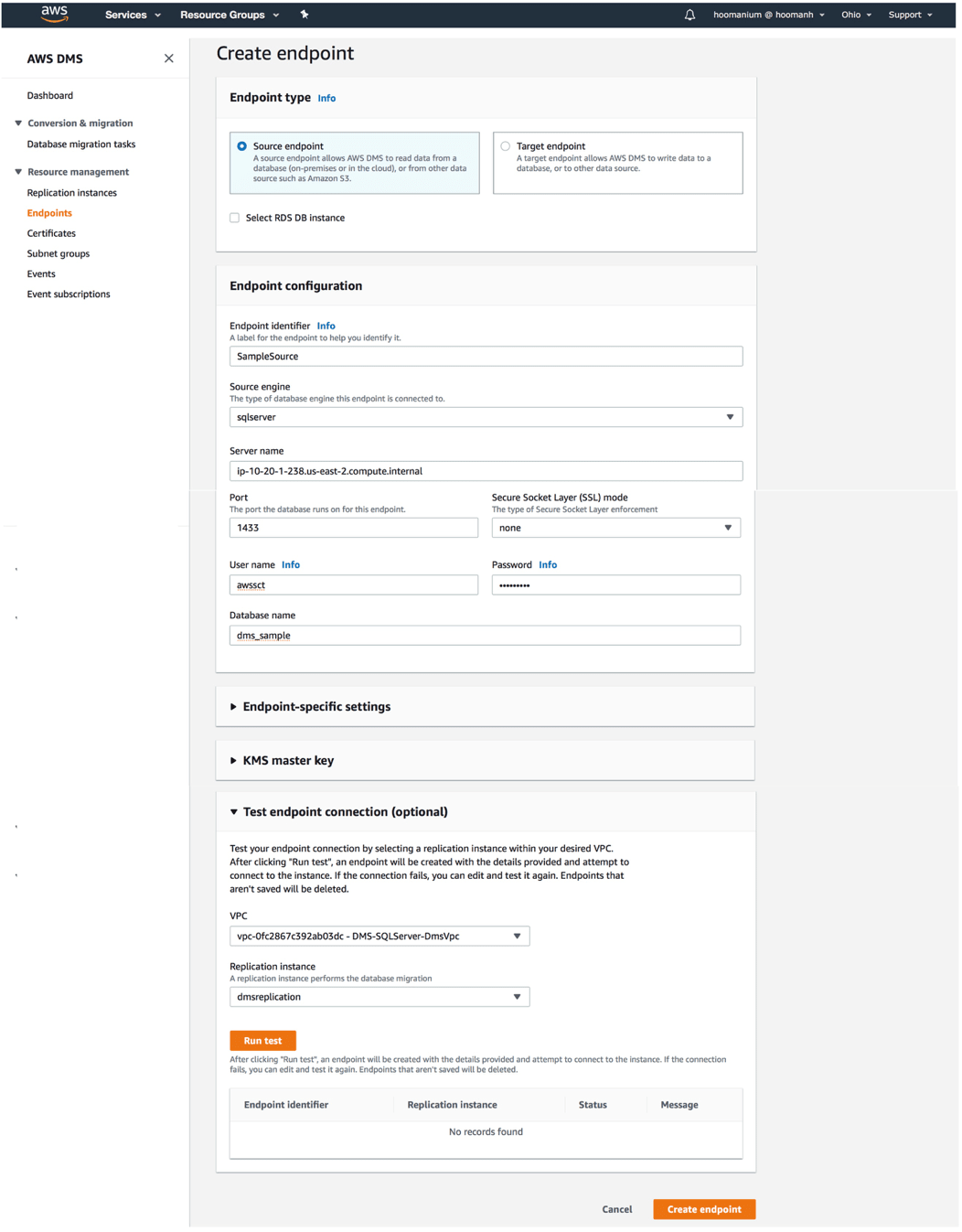 SQL Server to S3: Source DMS Endpoint