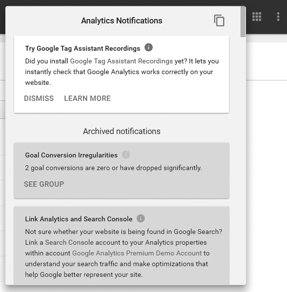 Image of Google Analytics Tools Notifications