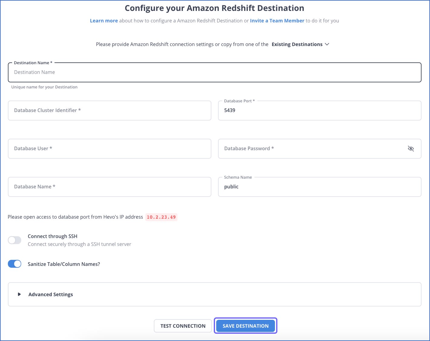 Redshift Destination Configuration