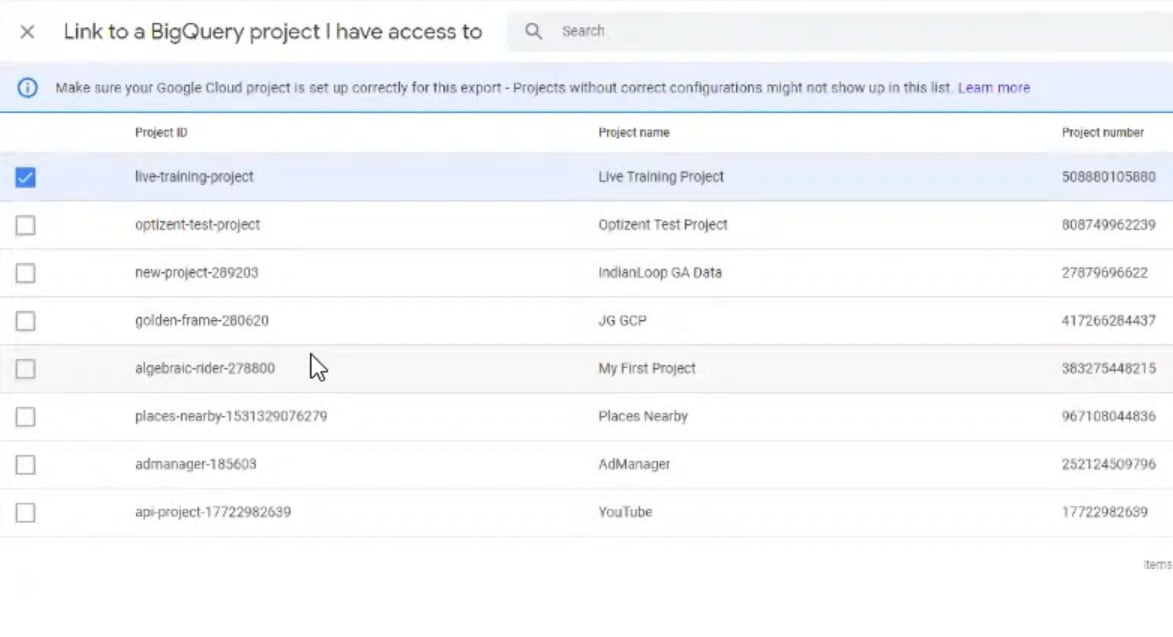 GA4 BigQuery Integration - Project selection