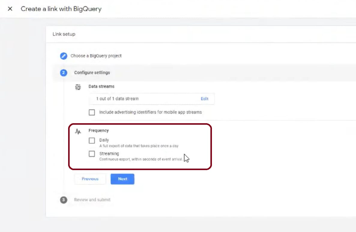 GA4 BigQuery Integration - Frequency Selection
