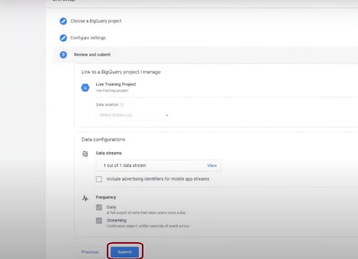 GA4 BigQuery Integration - Submit button