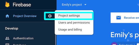 Selecting Project Settings for GA4 Firebase Integration