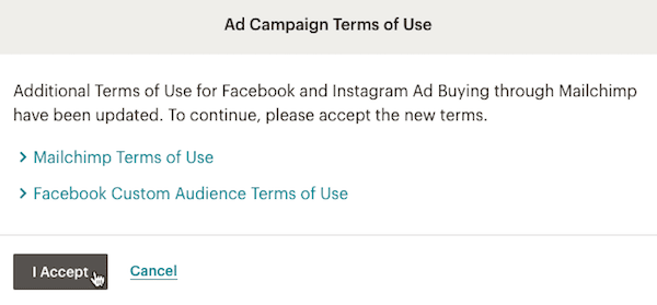 Accepting Ad Campaign Terms of Use in Mailchimp