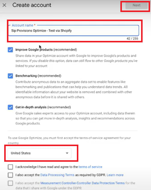 Create Account for Google Optimize Shopify Integration