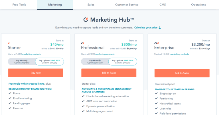 hubspot pricing page