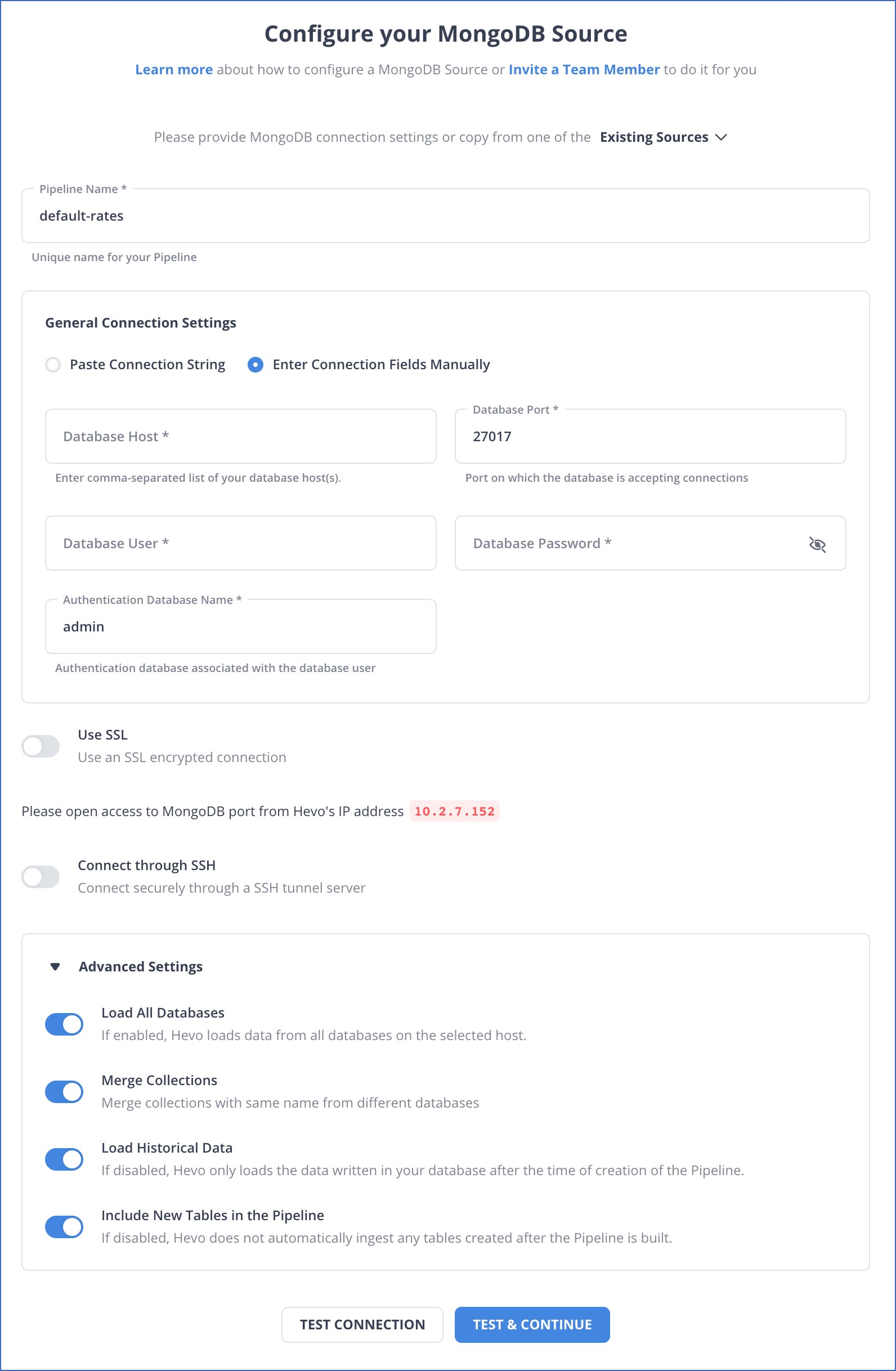 Configuring MongoDB as a source in Hevo.