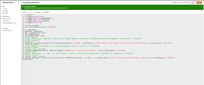 Amazon(AWS) Snowflake Integration - Code executed