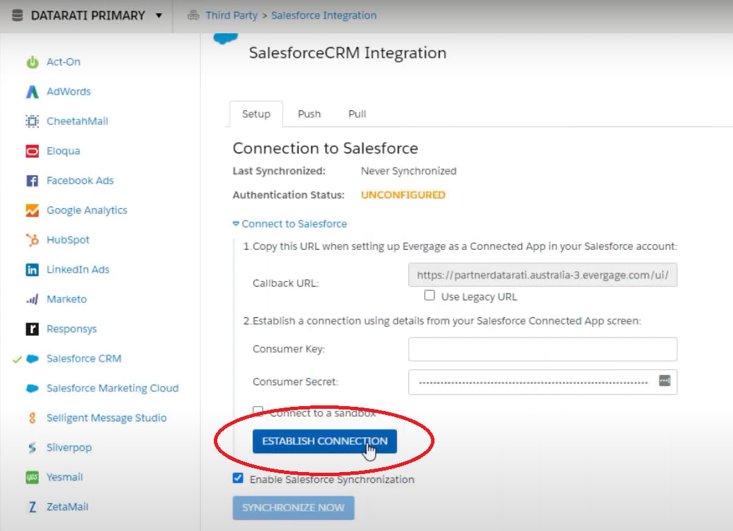 Evergage Salesforce integration: Esgtablish Connection