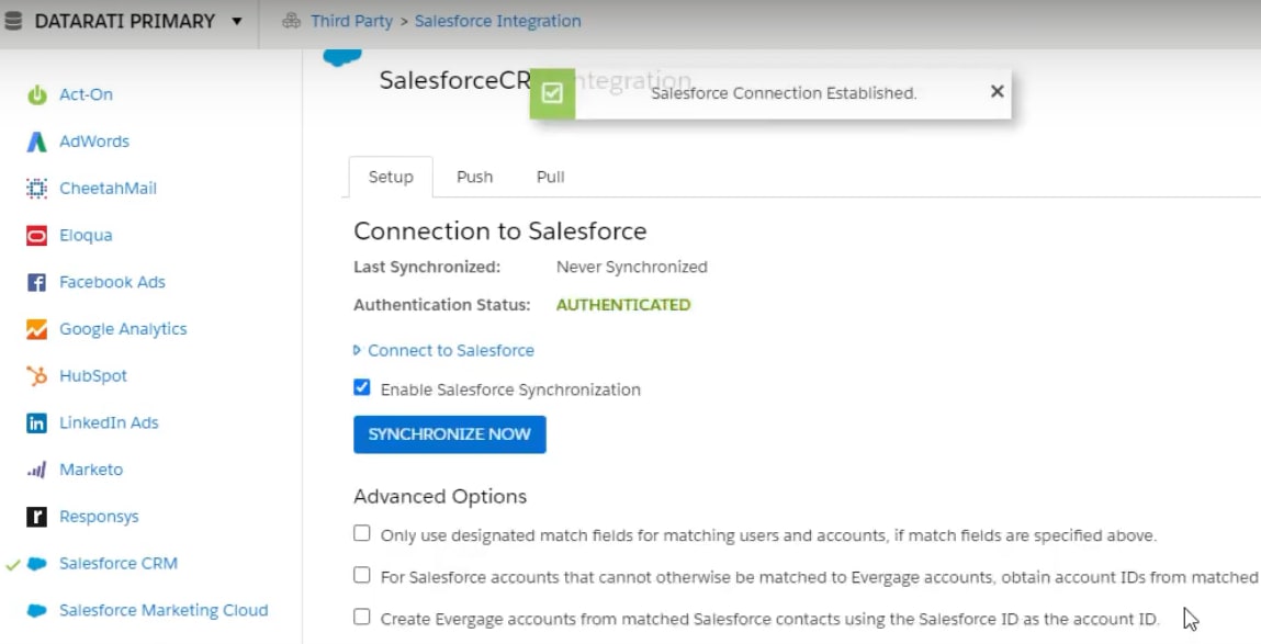 Evergage Salesforce integration: Salesforce Connection