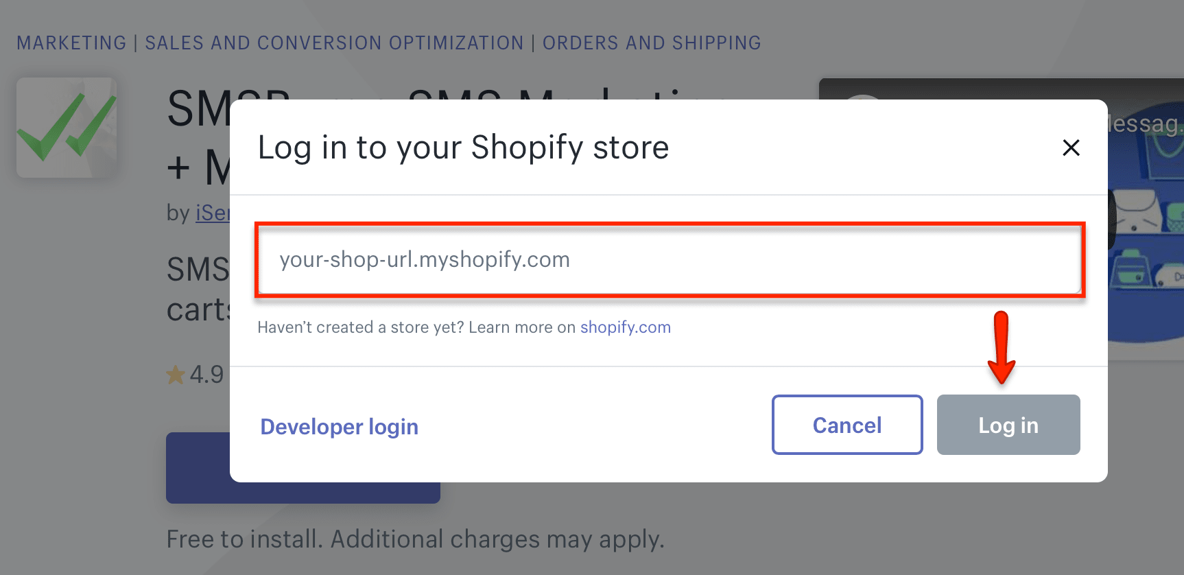 SMSBump Shopify - Login to Shopify Store