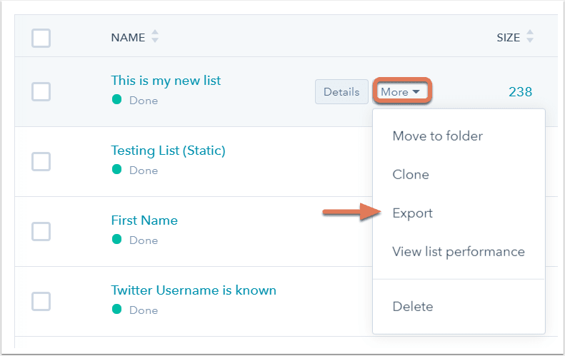 HubSpot Export: Selecting Export Option