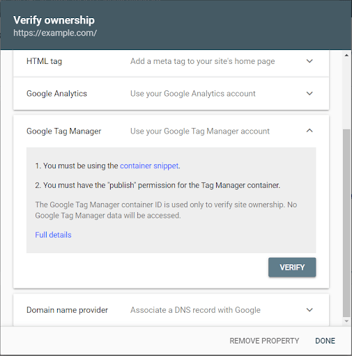Google Search Console Verification - Google Tag Manager