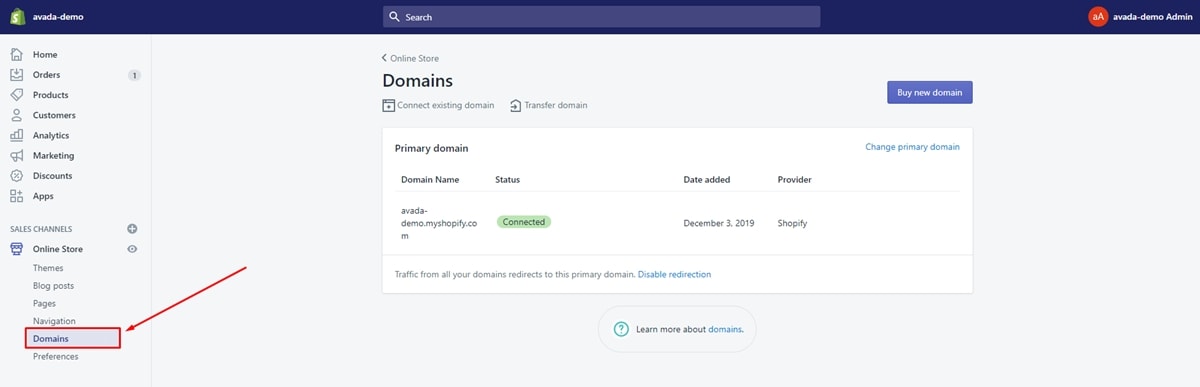 Domains Section in Shopify