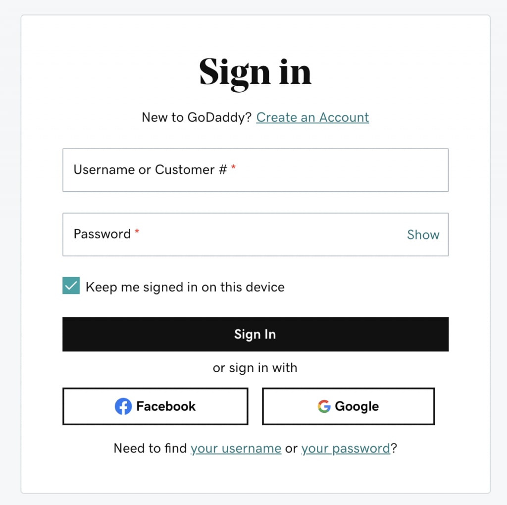 GoDaddy Sign In Page
