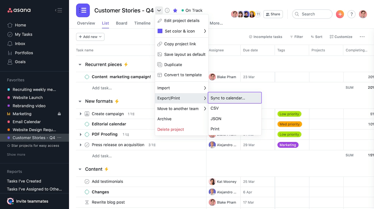 Export Option in Asana