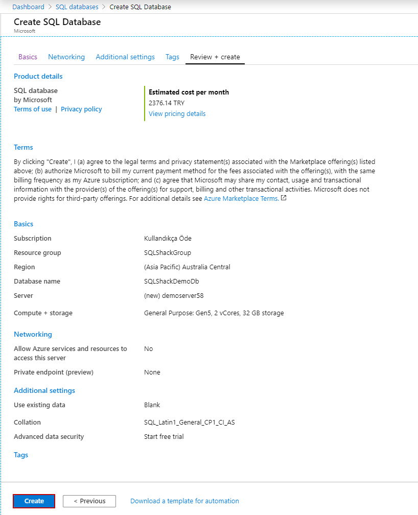 Azure SQL Database: Review and create