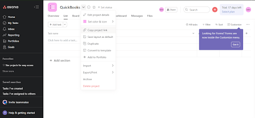 Asana QuickBooks - Project Options