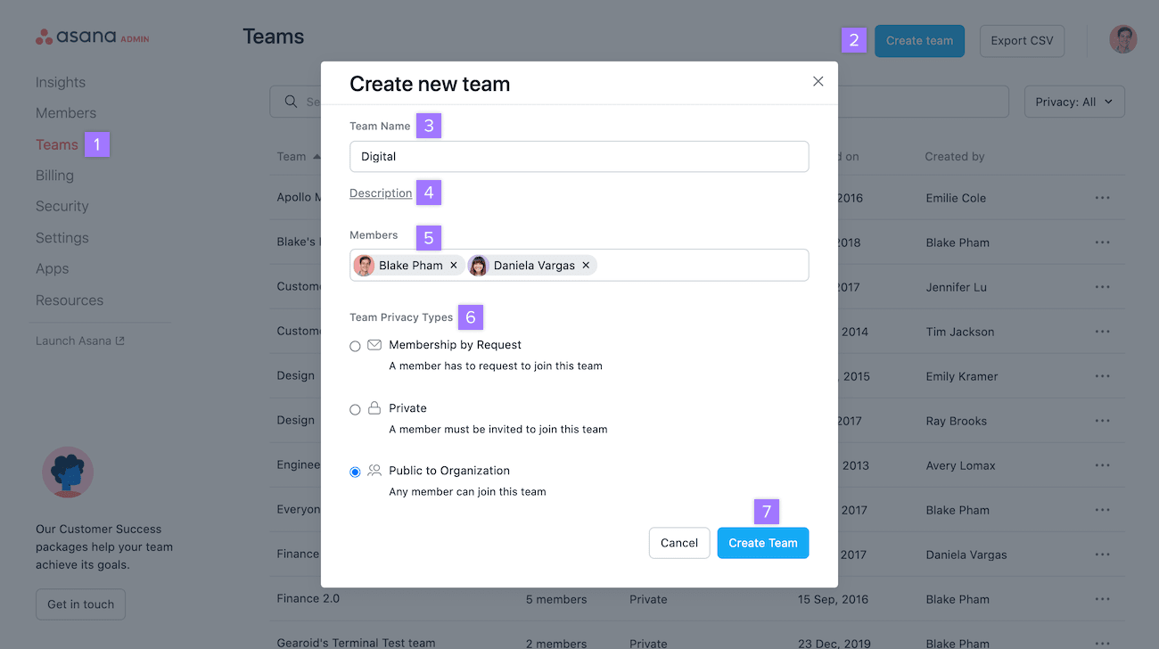 Asana Teams - Create a New Team Window