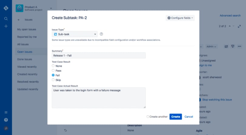 Jira Testing - Create a subtask window