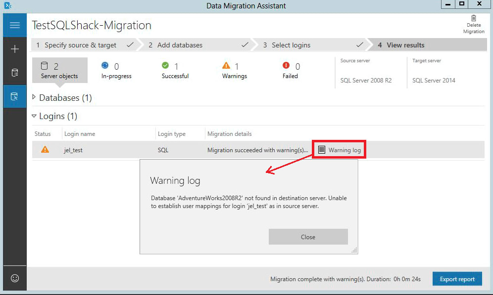 SQL Server Migration - View Migration Details - Warning Logs