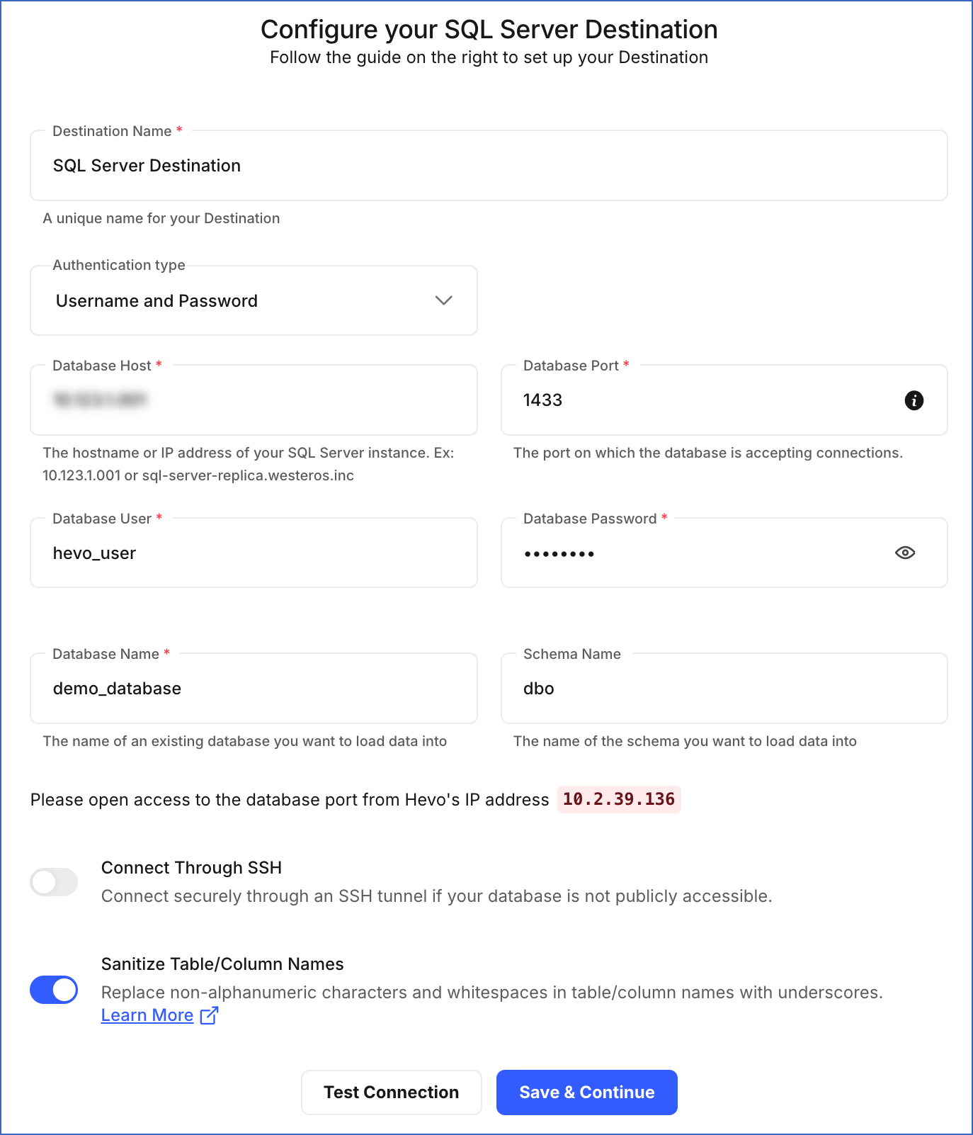 SQL Server Destination settings
