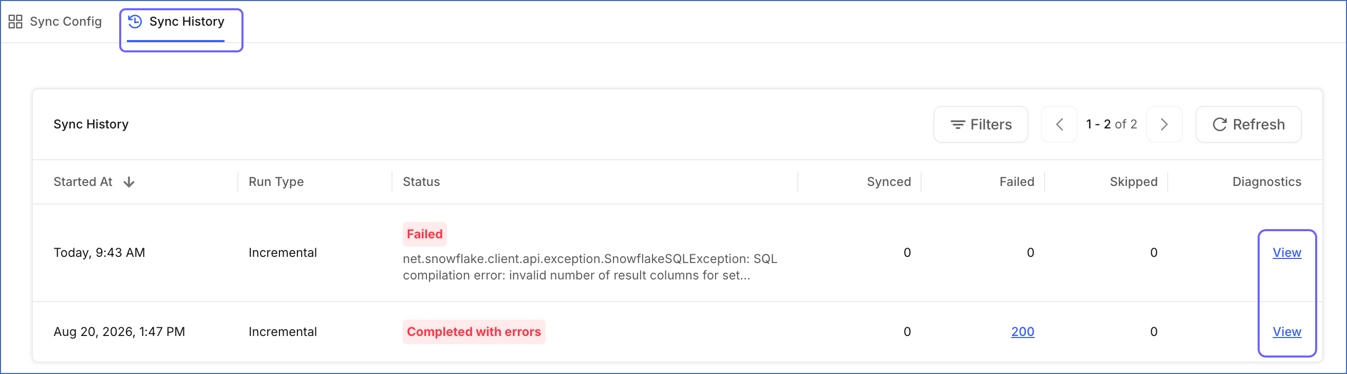Click View in the Diagnostics column