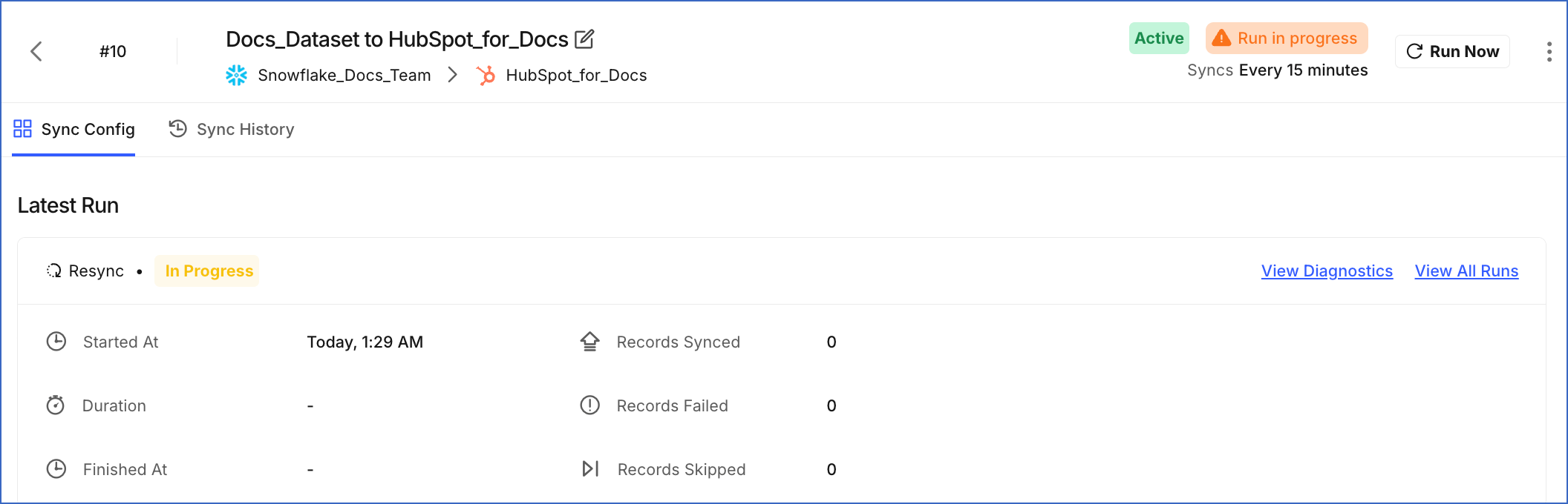 Latest Run showing the Resync run type