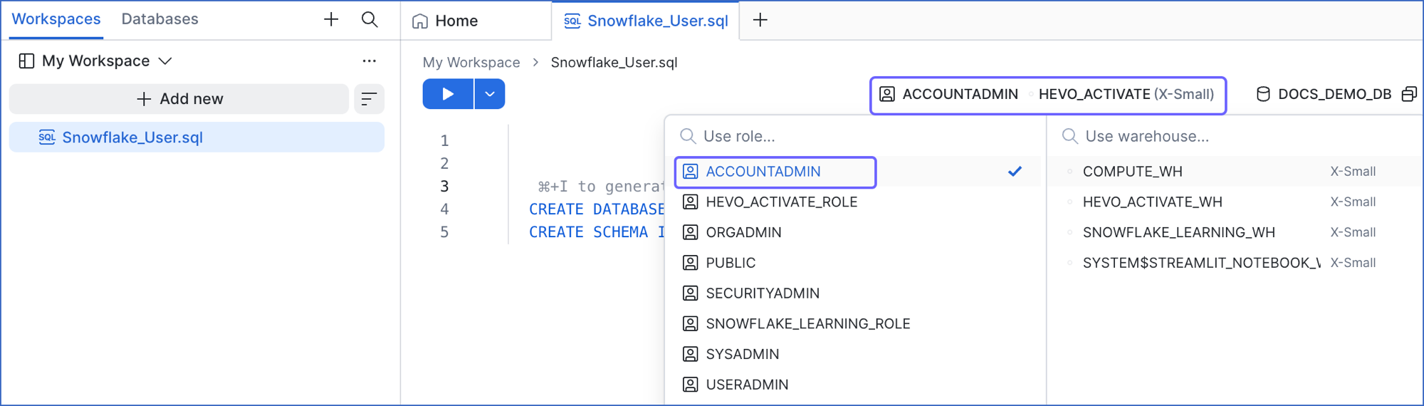 Select the ACCOUNTADMIN role
