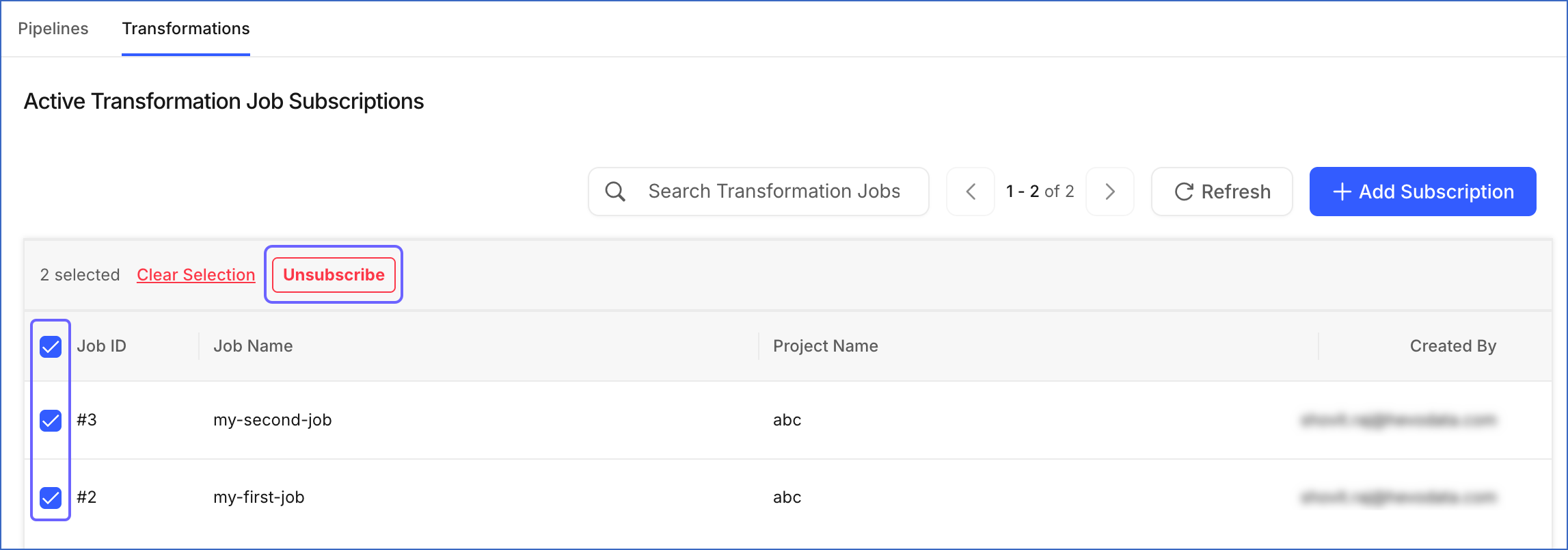 Unsubscribe Transformation Jobs