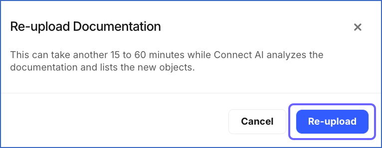 Re-upload Documentation dialog