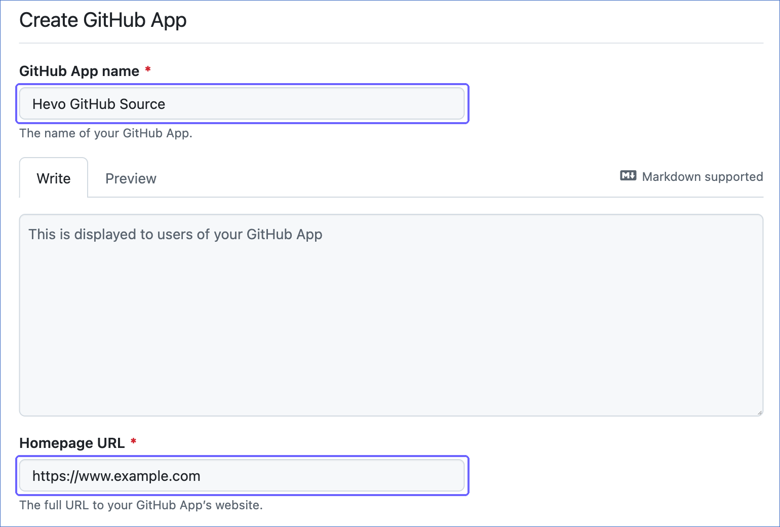 Specify the GitHub App name and Homepage URL