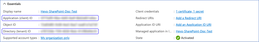 Copy the client and tenant ID