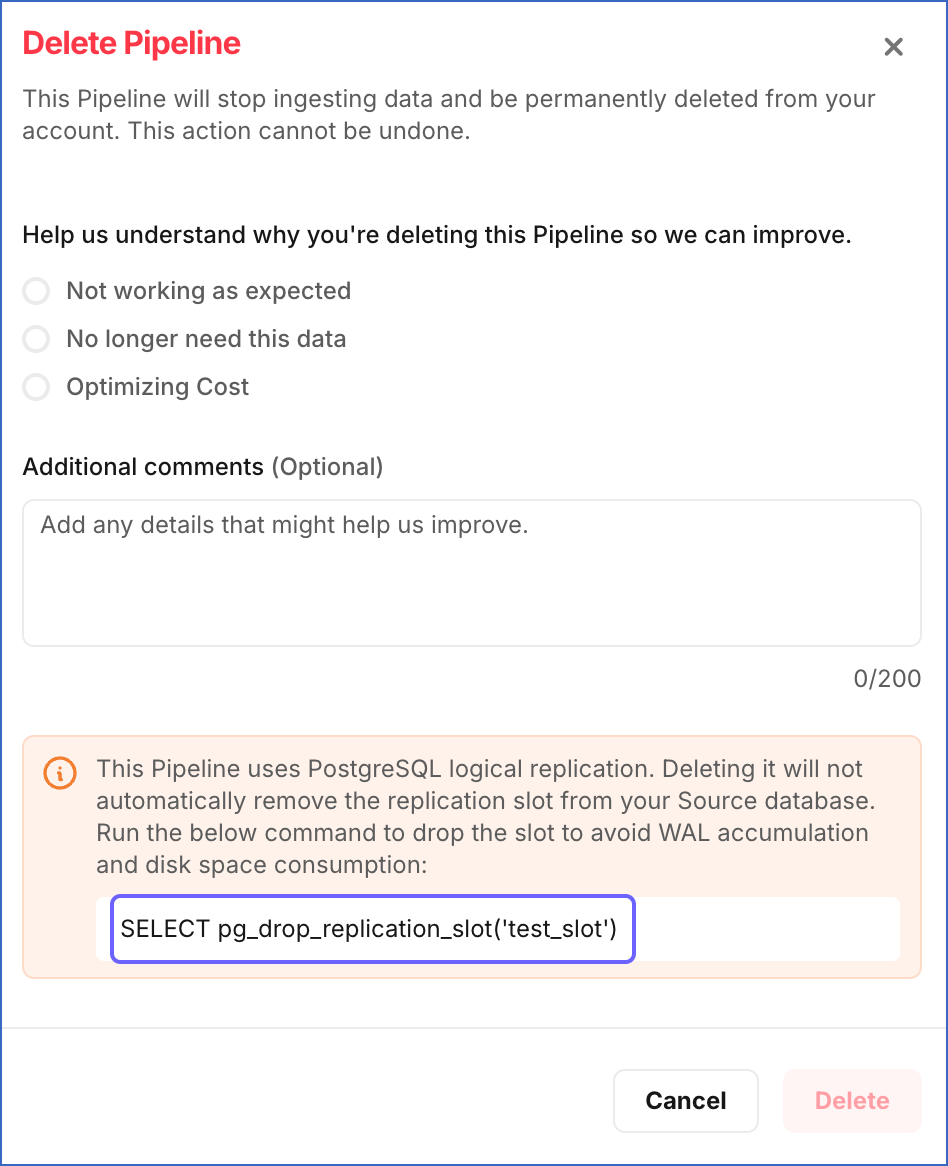 Delete Pipeline dialog with replication slot name