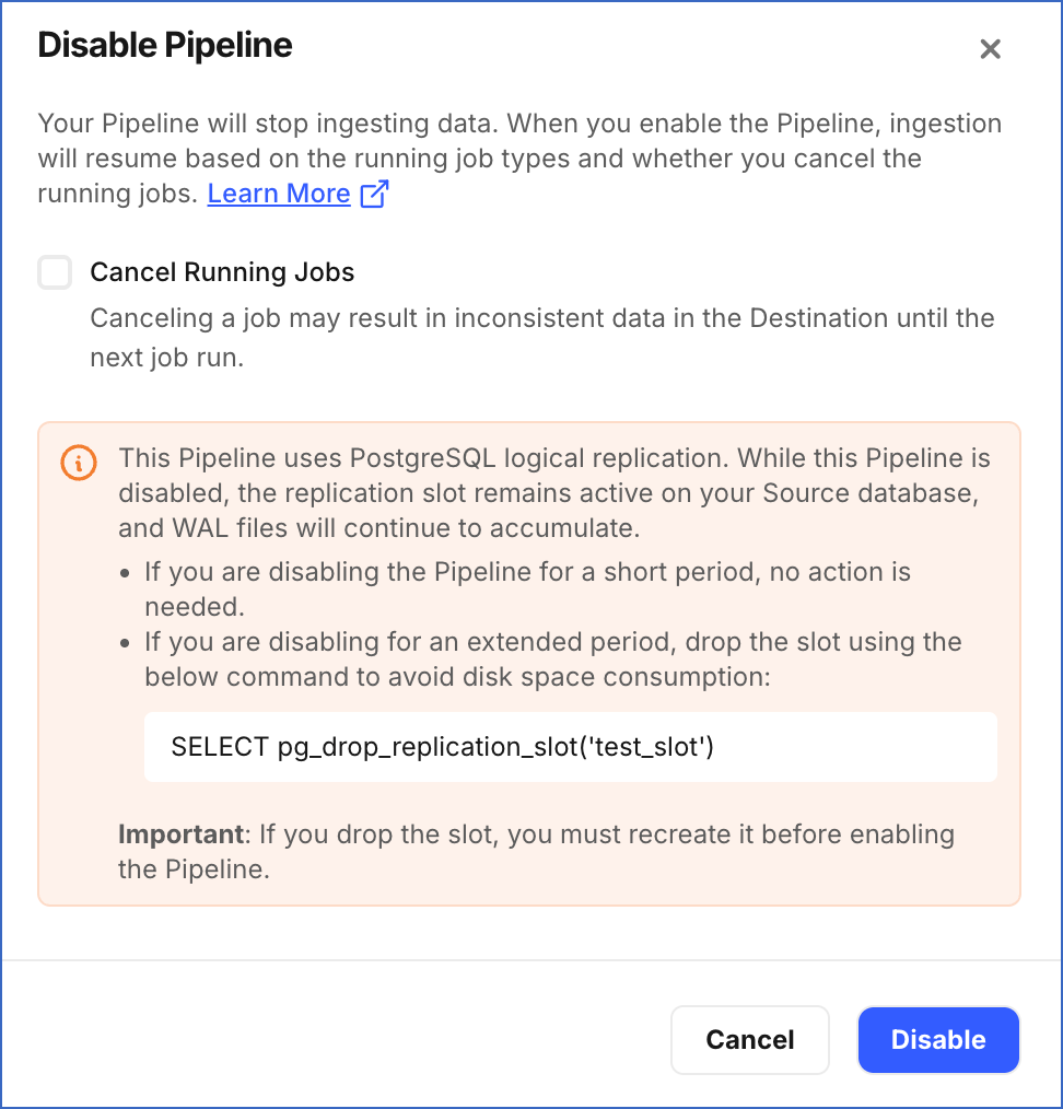 Replication Slot Warning Banner