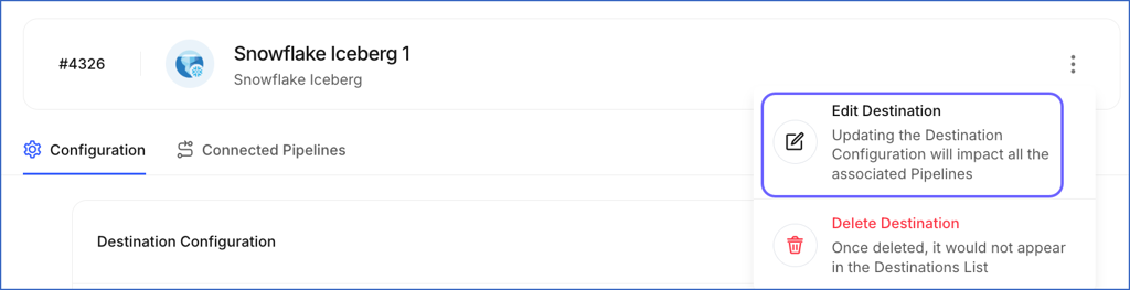 Destination Actions menu