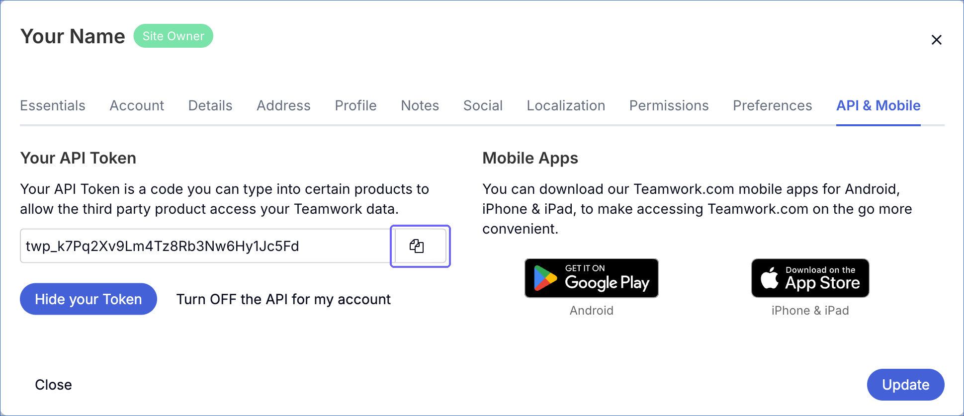 Copy the API token